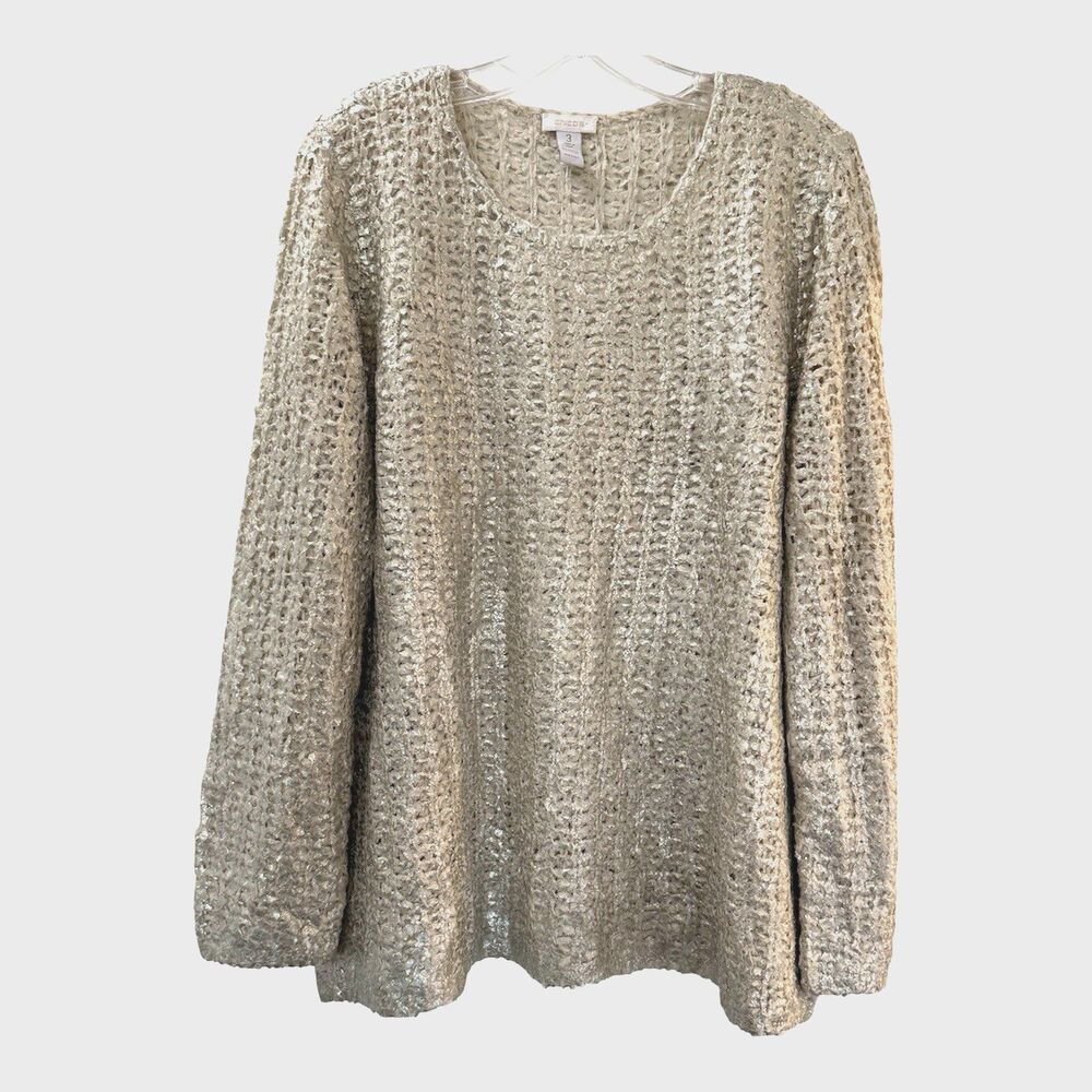 Chicos Silver Metallic Foil Accented Cream Pullover Loose Knit Sweater Size XL